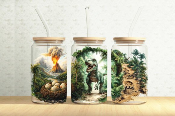 Dinosaurs 16oz Glass Can Tumbler Wrap