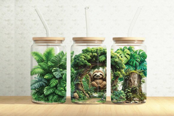 Jungle Sloth 16oz Glass Can Tumbler Wrap